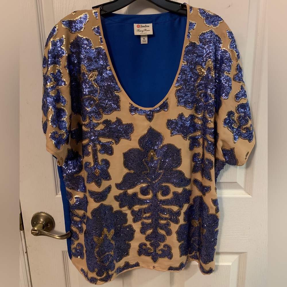 STUNNING Nieman Marcus Tracy Reese New York Gold & Royal Blue Sequin XL Blouse